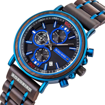 Blue Wooden Chronograph Watch