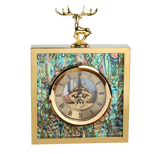 Creative square stainless steel metal golden deer head abalone shell clock stand and clock ornament model room ornament