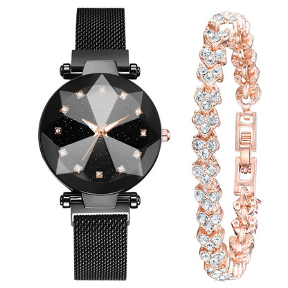 Reloj de mujer con diamantes de imitación cuadrados y esfera de cielo estrellado, conjunto de reloj de pulsera informal de moda para mujer