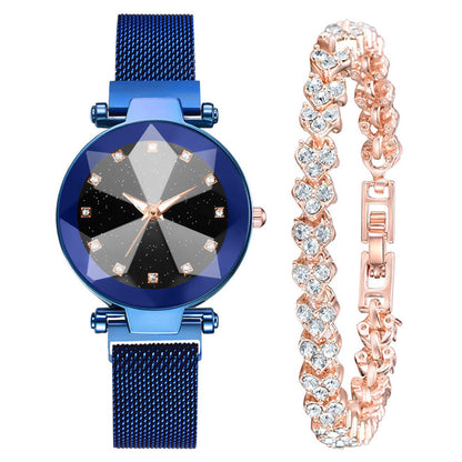 Reloj de mujer con diamantes de imitación cuadrados y esfera de cielo estrellado, conjunto de reloj de pulsera informal de moda para mujer