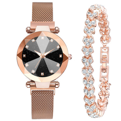 Reloj de mujer con diamantes de imitación cuadrados y esfera de cielo estrellado, conjunto de reloj de pulsera informal de moda para mujer