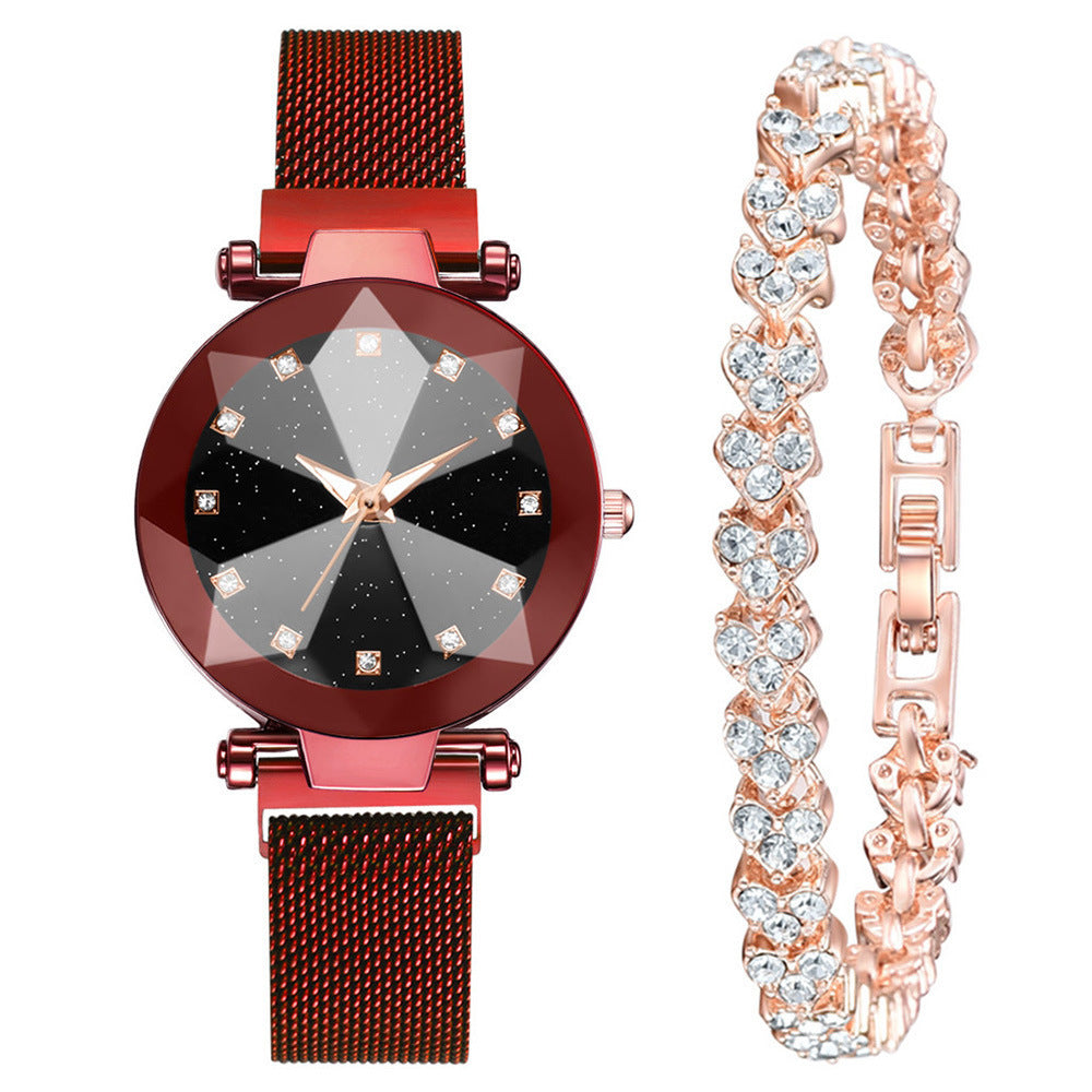 Reloj de mujer con diamantes de imitación cuadrados y esfera de cielo estrellado, conjunto de reloj de pulsera informal de moda para mujer