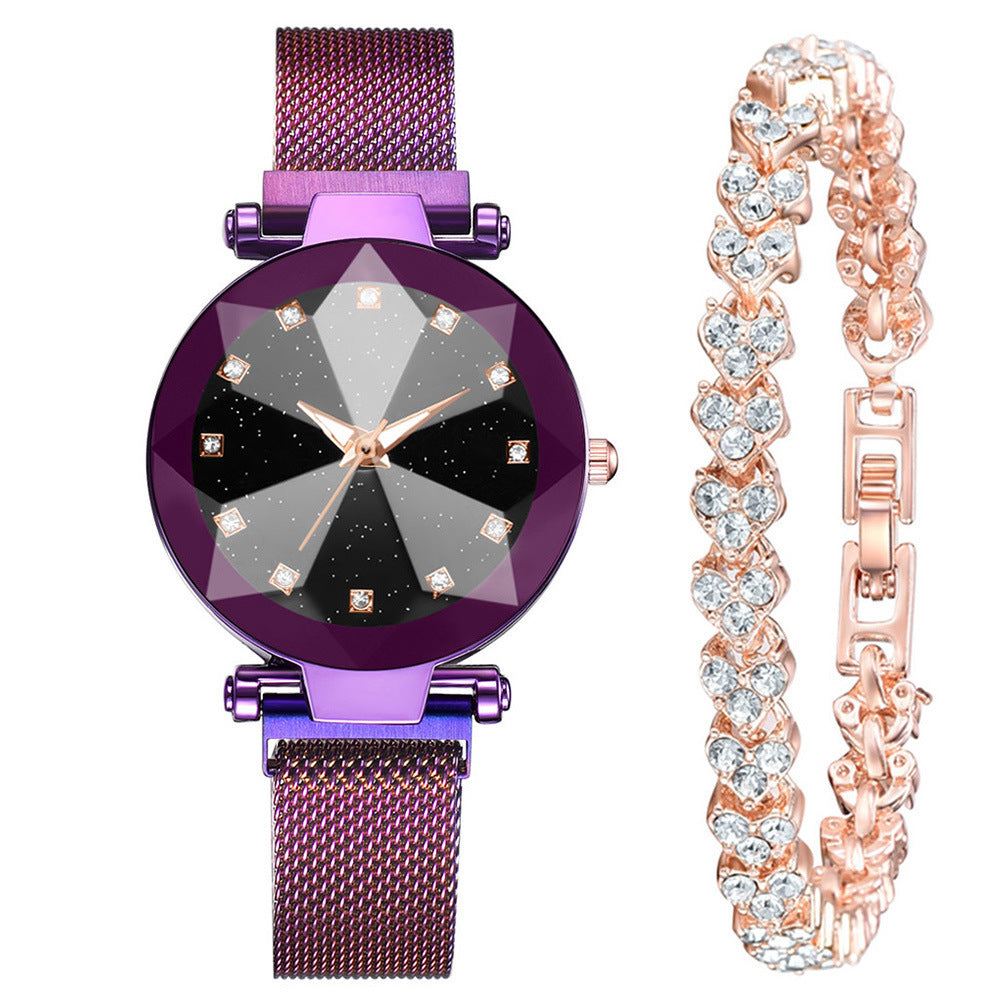 Reloj de mujer con diamantes de imitación cuadrados y esfera de cielo estrellado, conjunto de reloj de pulsera informal de moda para mujer