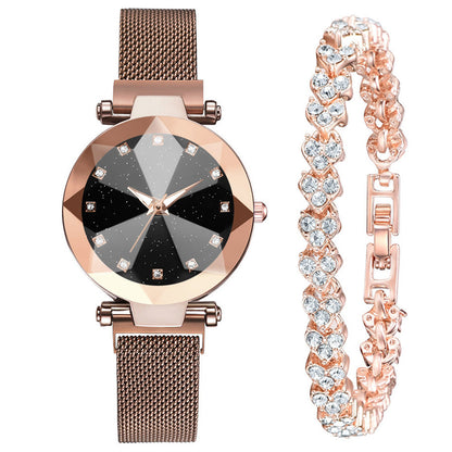 Reloj de mujer con diamantes de imitación cuadrados y esfera de cielo estrellado, conjunto de reloj de pulsera informal de moda para mujer