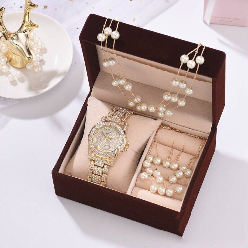 Diamond Watch Pearl Bracelet Earrings Necklace Set For Women