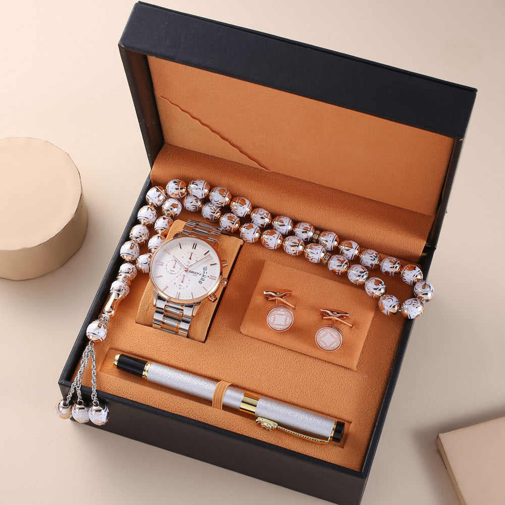 WatchGift Set Rosary, Waterproof Watch, Cufflinks, Pen, High-end Gift Box