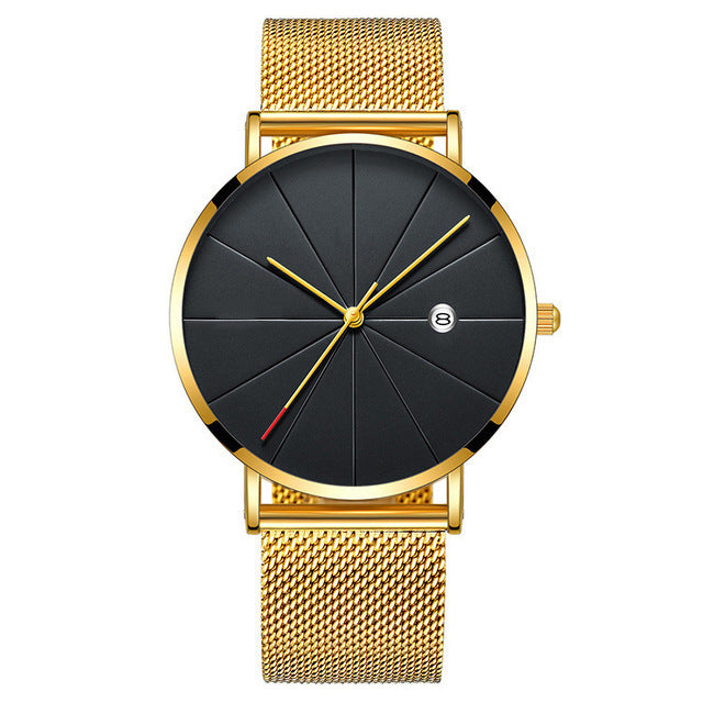 Reloj de pulsera de cuarzo con calendario fino para hombre, reloj de pulsera de malla de acero inoxidable para hombre