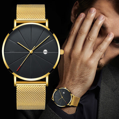 Reloj de pulsera de cuarzo con calendario fino para hombre, reloj de pulsera de malla de acero inoxidable para hombre