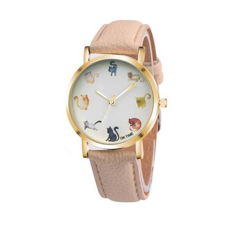 Reloj de pulsera con diseño de gato y zorro para mujer, de piel sintética, con esfera redonda, a la moda, para estudiantes 