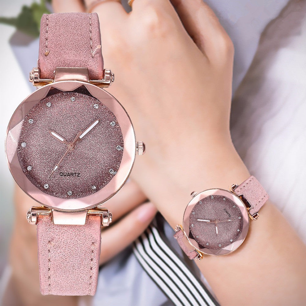 Reloj de pulsera informal para mujer, romántico, con diseño de cielo estrellado, de cuero y diamantes de imitación