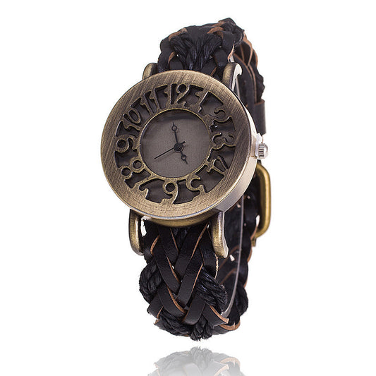 Reloj de pulsera con cabeza hueca retro de cuero tejido, reloj de mujer