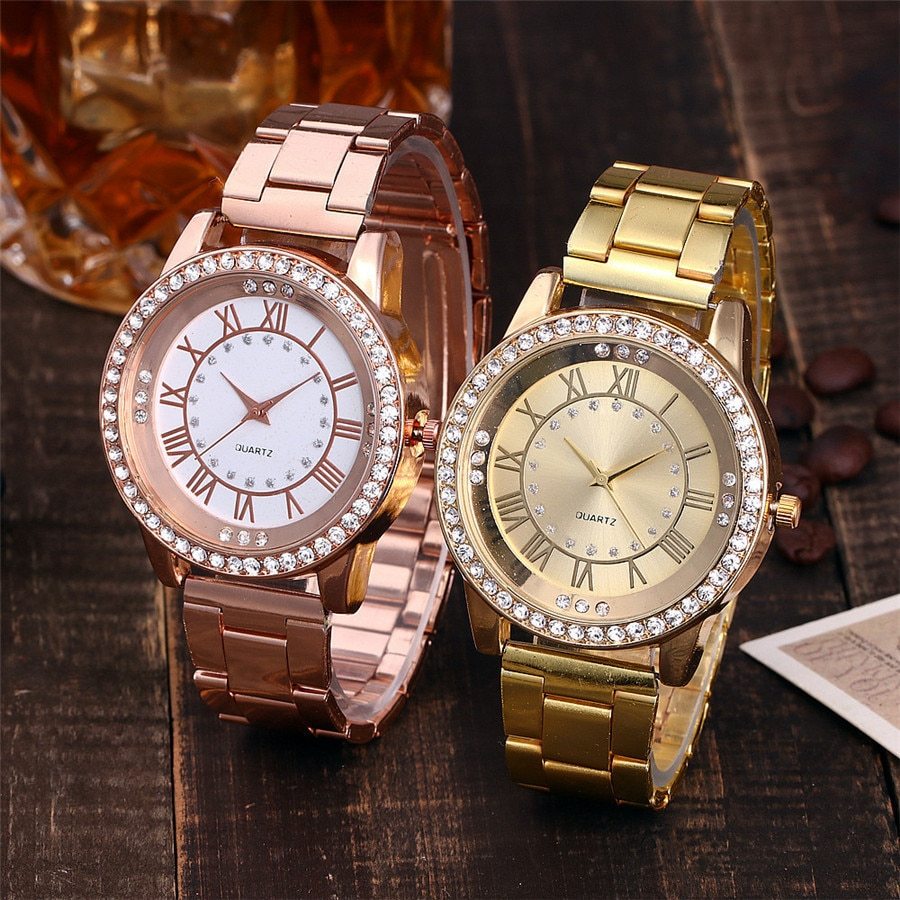 Reloj de oro rosa de la marca Vansvar, reloj de cuarzo con diamantes de imitación de lujo para mujer, relojes de pulsera casuales de acero inoxidable para mujer, reloj femenino