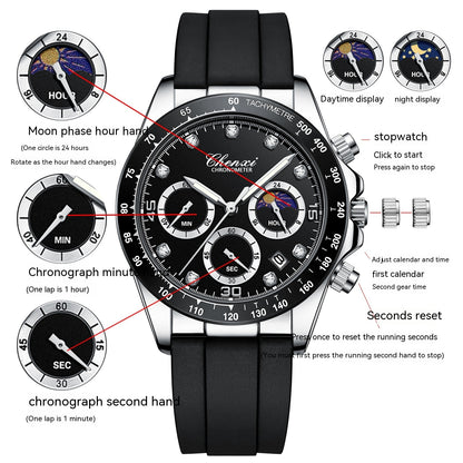 Reloj de pulsera de silicona multifuncional para hombre con tres ojos y seis agujas