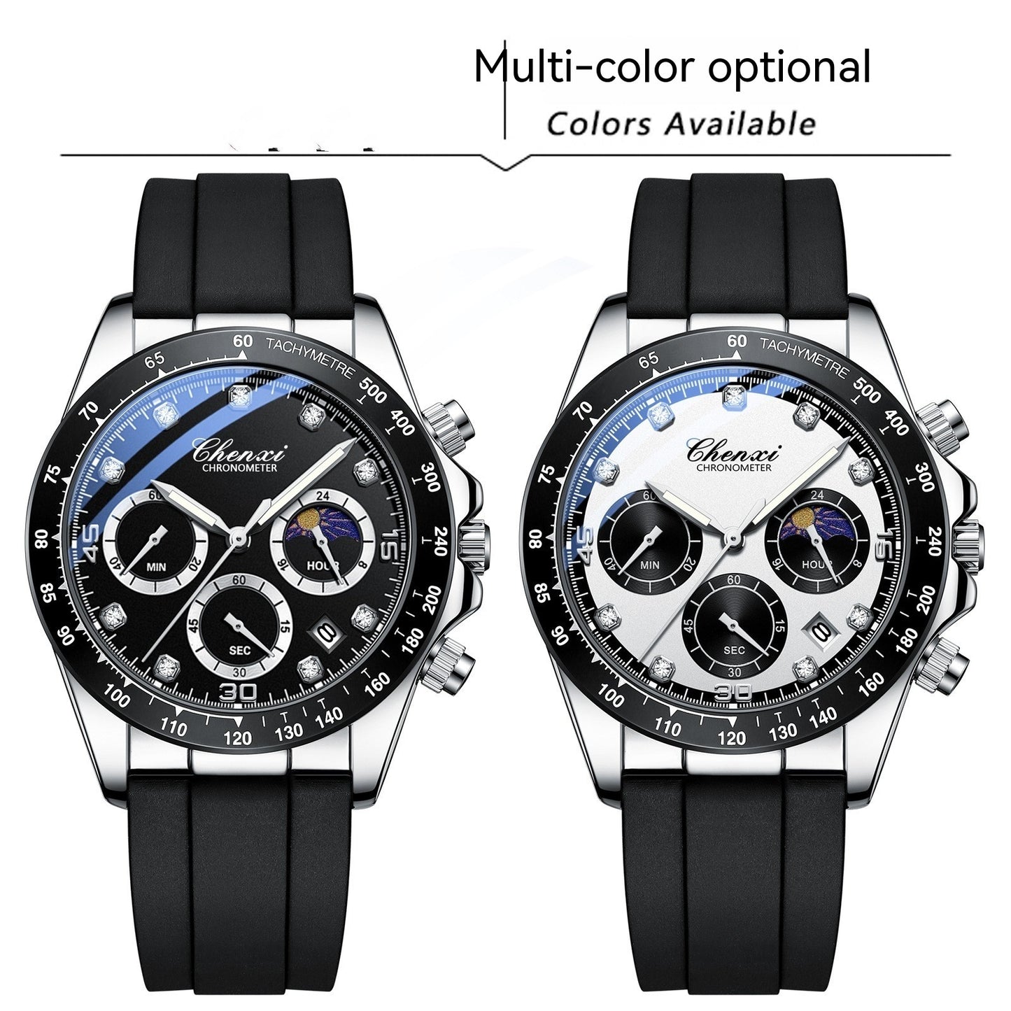 Reloj de pulsera de silicona multifuncional para hombre con tres ojos y seis agujas