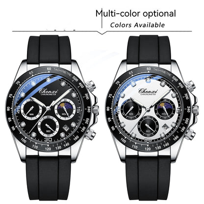 Reloj de pulsera de silicona multifuncional para hombre con tres ojos y seis agujas