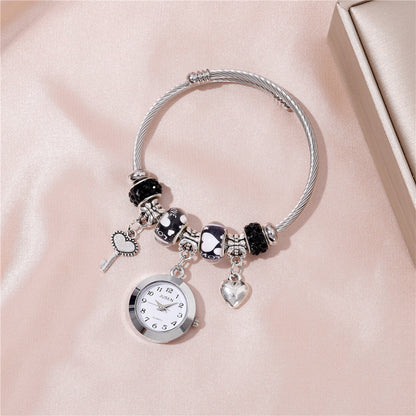 Women Bangle Watch Love Heart Key Pendant Quartz Women Bangle Watch