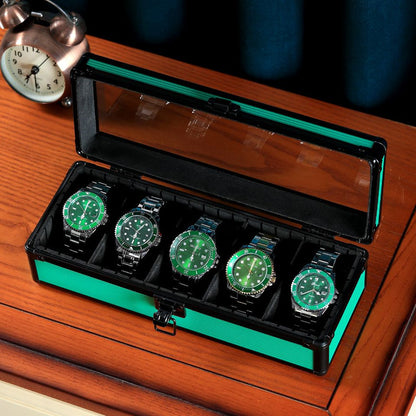 Green Aluminum Alloy 5 Grid Top Cover Transparent Watch Storage Box