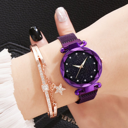 Conjunto de relojes de lujo para mujer, pulsera y hebilla magnética elegante a la moda, conjunto de reloj con cielo estrellado para mujer