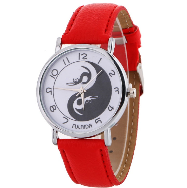 Women watch Yin-Yang Cute Cat Printed Faux Leather Band Analog Quartz Watch Clock Female