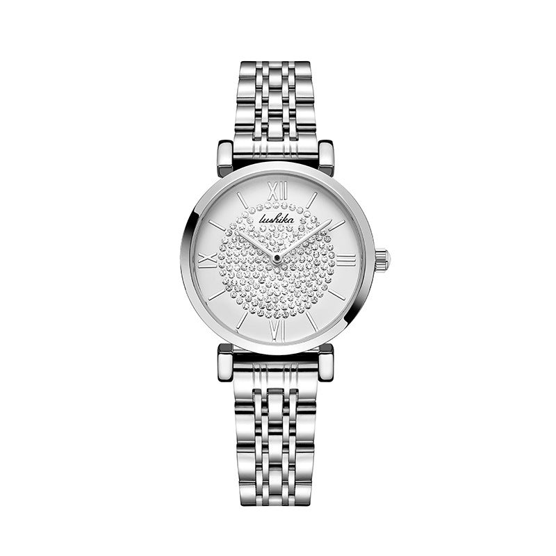 Reloj de mujer de moda con correa de acero y estrella completa