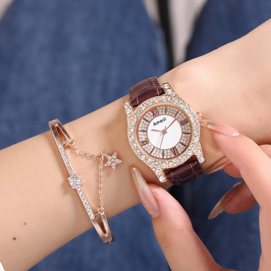 Reloj de cuarzo sencillo y a la moda con esfera romana y diamantes incrustados para mujer, caja de regalo