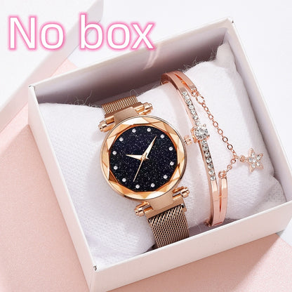 Conjunto de relojes de lujo para mujer, pulsera y hebilla magnética elegante a la moda, conjunto de reloj con cielo estrellado para mujer