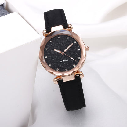 Reloj de pulsera informal para mujer, romántico, con diseño de cielo estrellado, de cuero y diamantes de imitación