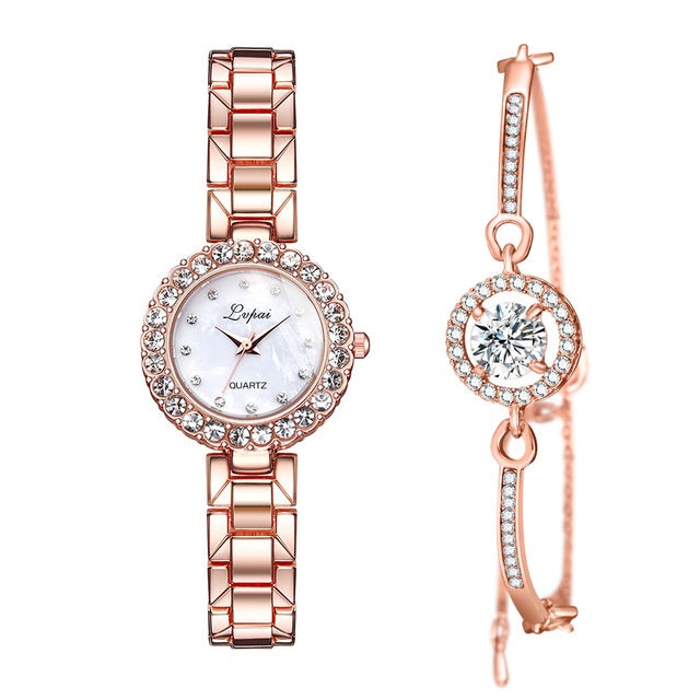 Relojes-Conjunto Brazalete Reloj Pulsera Reloj de Pulsera Cuarzo Mujer Moda Señoras Marca Lujo