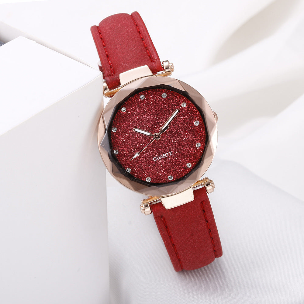 Reloj de pulsera informal para mujer, romántico, con diseño de cielo estrellado, de cuero y diamantes de imitación