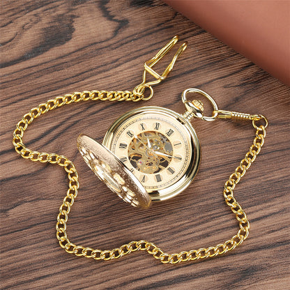 Reloj de bolsillo mecánico retro con pétalos huecos y personajes romanos dorados de moda