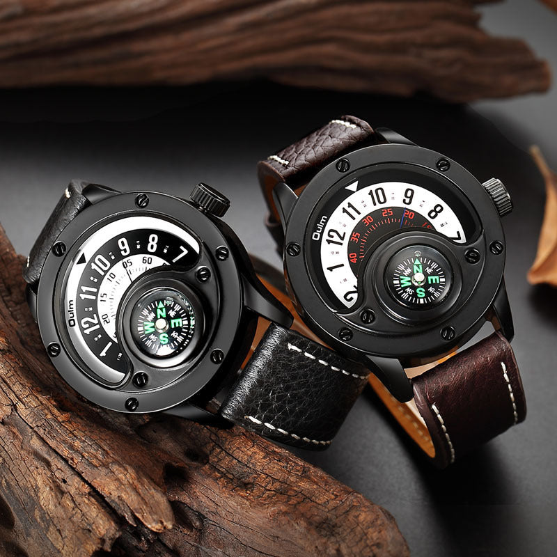 Relojes de cuero con brújula decorativa, reloj masculino de gran tamaño