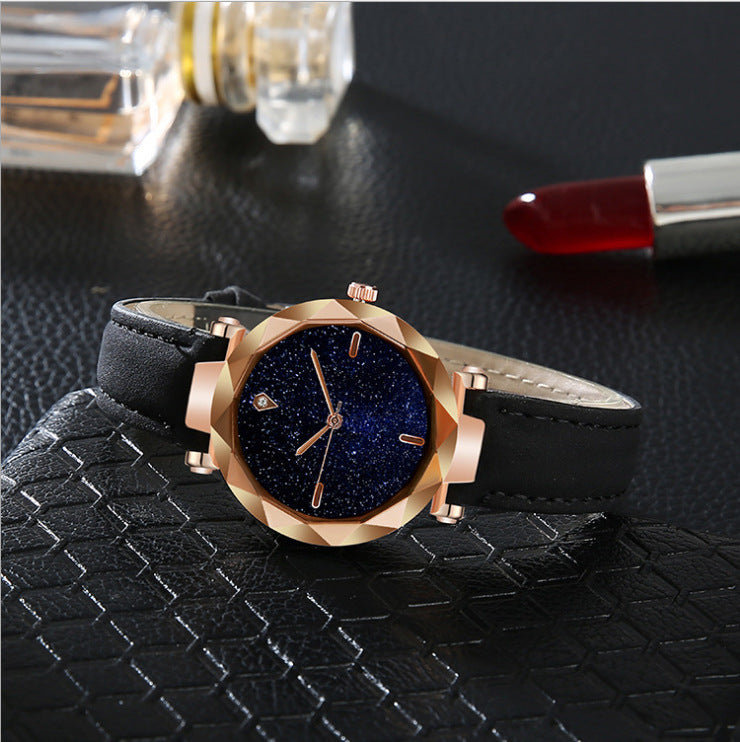 Reloj de mujer sencillo con esfera de cielo estrellado y cinturón de moda