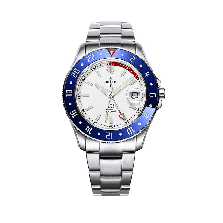 Reloj GMT luminoso resistente al agua con cristal de zafiro y acero inoxidable para hombre