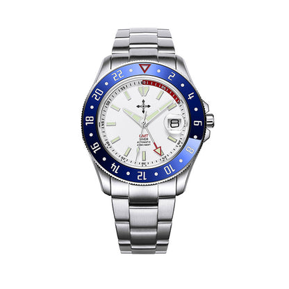 Reloj GMT luminoso resistente al agua con cristal de zafiro y acero inoxidable para hombre