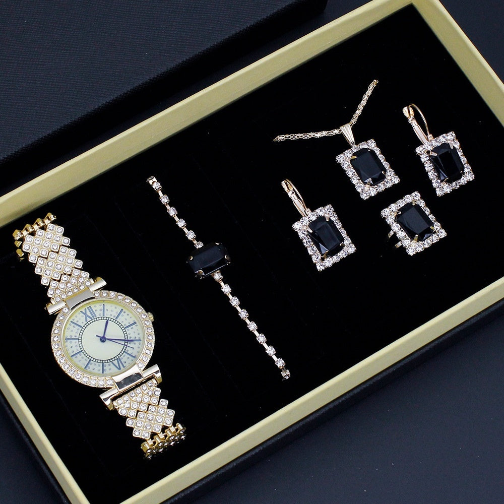 Reloj de mujer con patrón romano y diamantes incrustados, conjunto de regalo de joyería, reloj de pulsera para mujer, de lujo, ligero, lleno de diamantes, atractivo