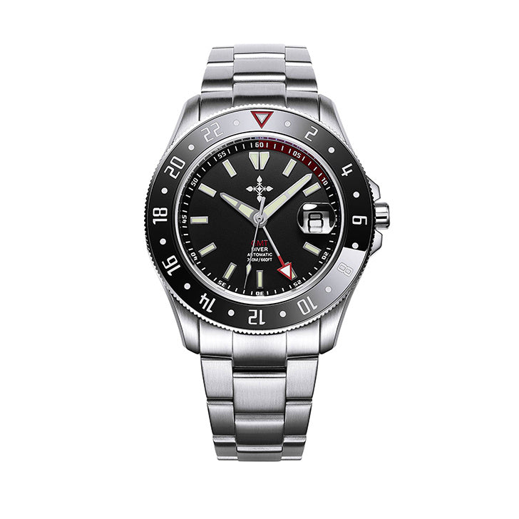 Reloj GMT luminoso resistente al agua con cristal de zafiro y acero inoxidable para hombre