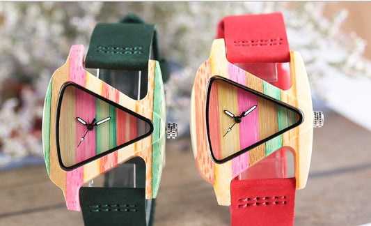 New wooden quartz watch Fashion color digital digital character triangle dial