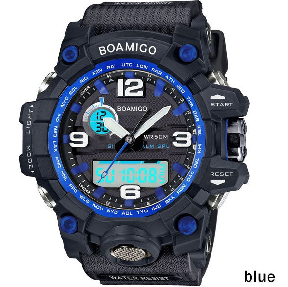 Relojes deportivos para hombre de la marca BOAMIGO, relojes de cuarzo electrónicos LED digitales analógicos con pantalla dual, reloj de natación resistente al agua hasta 50 m F5100 