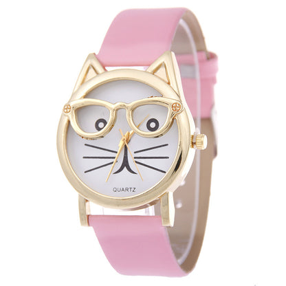 Reloj de dibujos animados con gafas, reloj con cinturón de gato para estudiantes, reloj de cuarzo para mujer, reloj de regalo