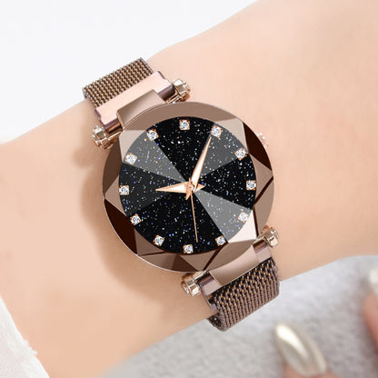 Reloj de mujer con diamantes de imitación cuadrados y esfera de cielo estrellado, conjunto de reloj de pulsera informal de moda para mujer