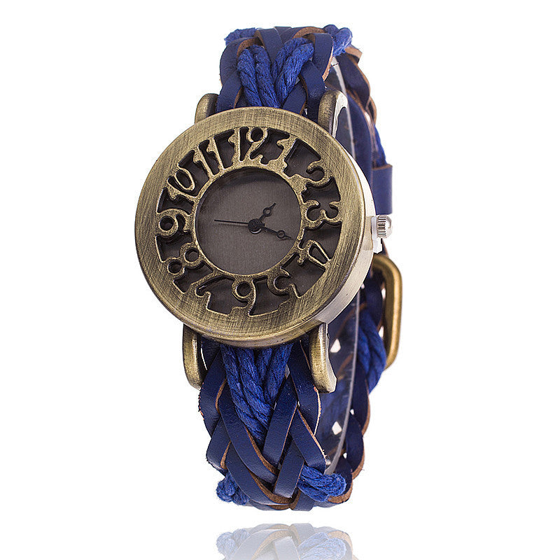 Reloj de pulsera con cabeza hueca retro de cuero tejido, reloj de mujer