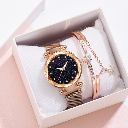 Conjunto de relojes de lujo para mujer, pulsera y hebilla magnética elegante a la moda, conjunto de reloj con cielo estrellado para mujer