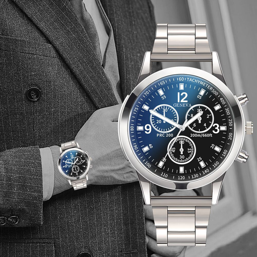 Reloj con correa de acero y cristal azul