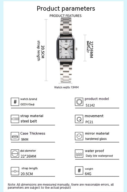 クラシックなシンプルなスクエアウォッチ、レディース、お手頃価格の高級ファッション、高級韓国スタイル、オールマッチスチールベルト
