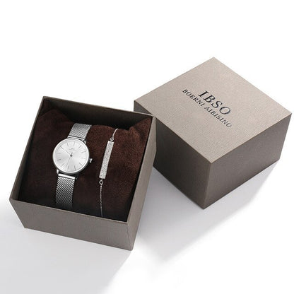 IBSO-Women Quartz Watch Set 8mm Thin Silver Mesh Stainless Steel Bracelet Quartz Clock Set Ladies Birthday Gift