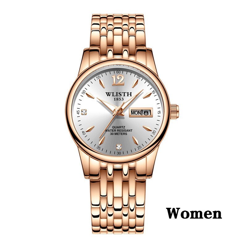 Reloj de vestir para mujer, acero inoxidable, oro rosa, marca WLISTH, reloj de pulsera de moda para mujer, reloj de cuarzo con fecha semanal, relojes de lujo para mujer