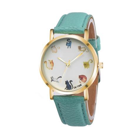 Reloj de pulsera con diseño de gato y zorro para mujer, de piel sintética, con esfera redonda, a la moda, para estudiantes 