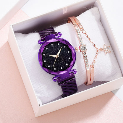 Conjunto de relojes de lujo para mujer, pulsera y hebilla magnética elegante a la moda, conjunto de reloj con cielo estrellado para mujer