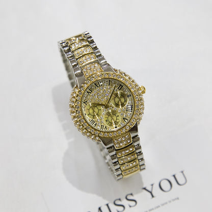 Women's three-eye full diamond watch