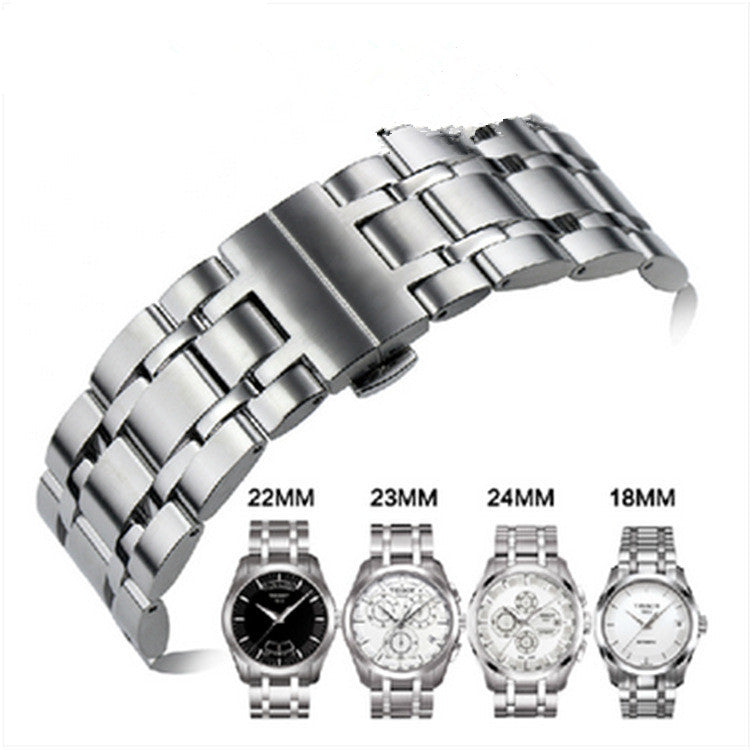 Stainless steel watch with double button butterfly clasp